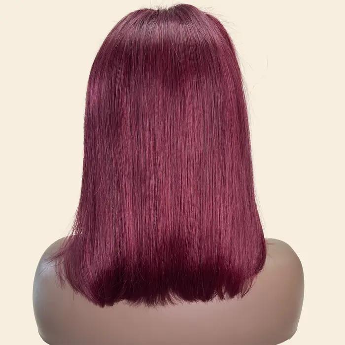 Perruque Bob Lace Front Wig Remy Naturelle Lisse, Cheveux Courts, Bordeaux 99J, 13x4, Pre-Plucked, D