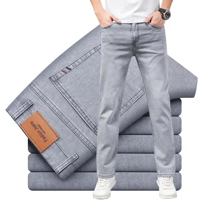 Jeans d'été en coton élastique pour hommes, pantalons droits décontractés, vêtements masculins de ma