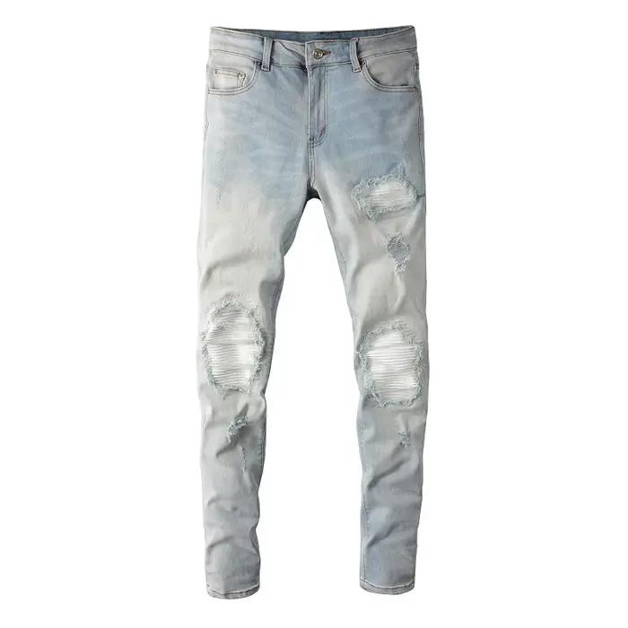 Jean de motard bleu clair pâle pour hommes, Patch plissé craquelé, pantalon en Denim extensible, Str