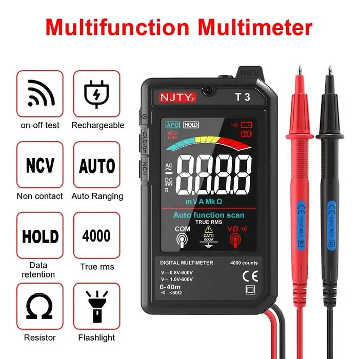 NJTY T3 multimètre numérique intelligent type-c charge automatique 4000 points Ultra-mince NCV fil s