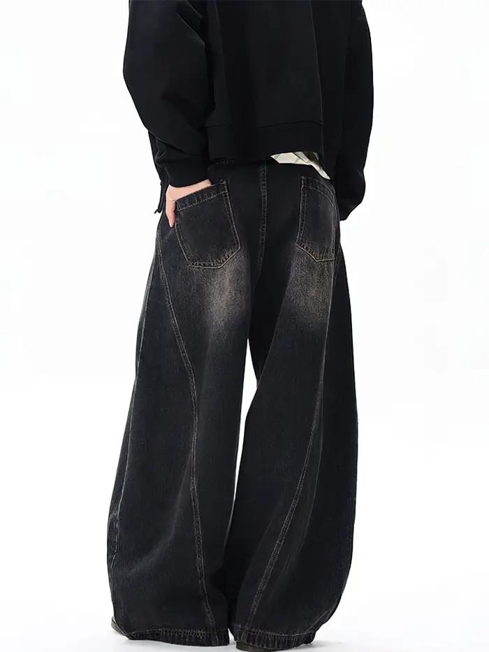 Vintage noir lavé Baggy jean pantalon hommes jambe large lame incurvée pantalon Streetwear Cowboy dé