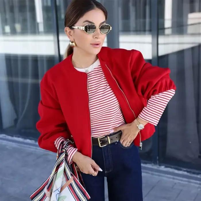 MUJER rouge fermeture éclair Bomber vestes pour femmes doux recadrée vestes femme 2025 à manches lon