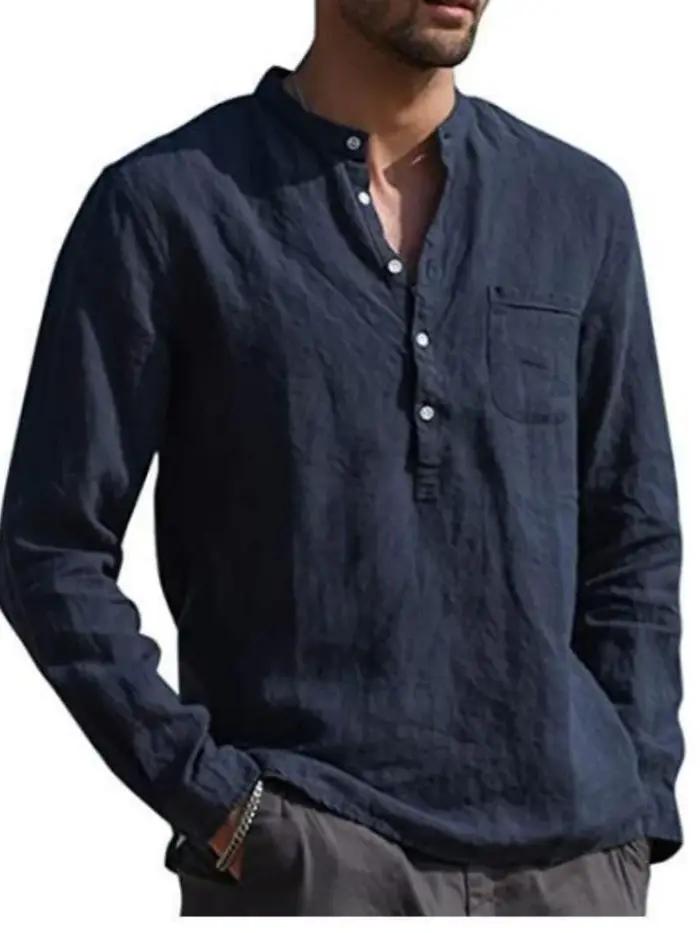 Chemise à manches longues en lin pour hommes, col montant, bouton sur le devant, poche simple sur la