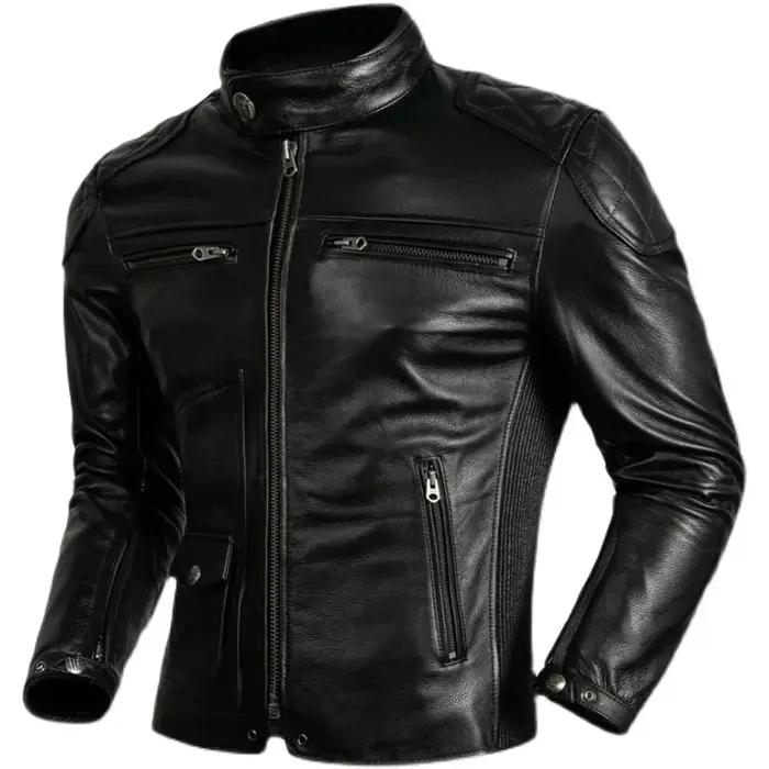 Veste en cuir de vachette couche supérieure pour hommes, col montant noir, manteau court en cuir vér