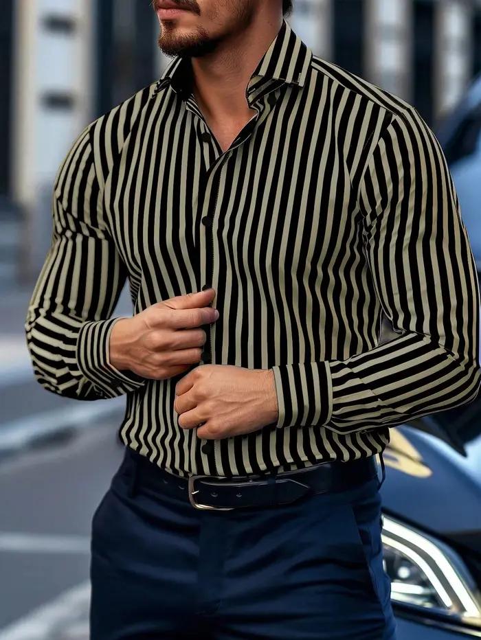  Chemise habillée rayée pour hommes, simple boutonnage, manches longues, tenue de bureau décontra