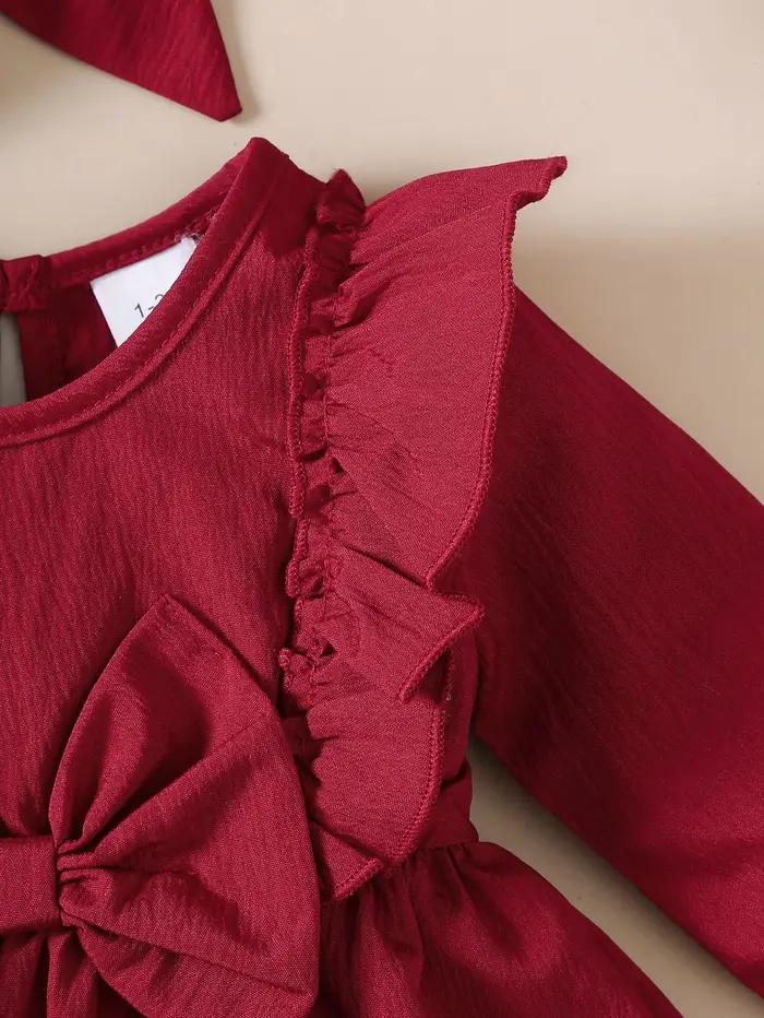Robe d'automne pour bébé fille, bords et nœud à volants, robe à manches longues + bandeau pour 0-18