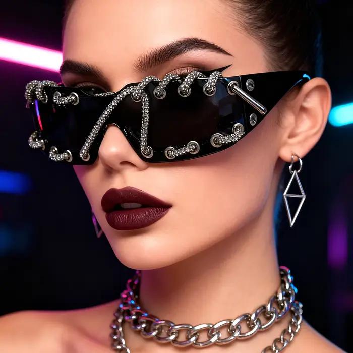 Lunettes de soleil Punk Y2k pour femmes, sans monture, avec chaîne en cristal, lunettes de soleil mo