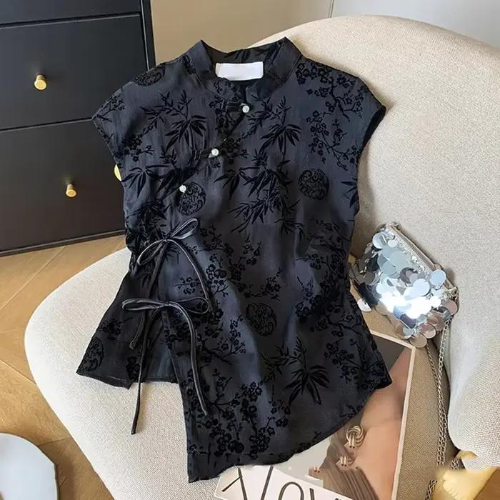 Chemise fine rétro nouveau Style chinois Cheongsam haut noir Jacquard T-shirt à manches courtes été