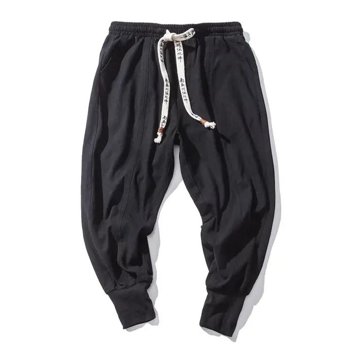 Pantalon sarouel en coton et lin pour hommes, couleur unie, taille élastique, Streetwear, jogging, B