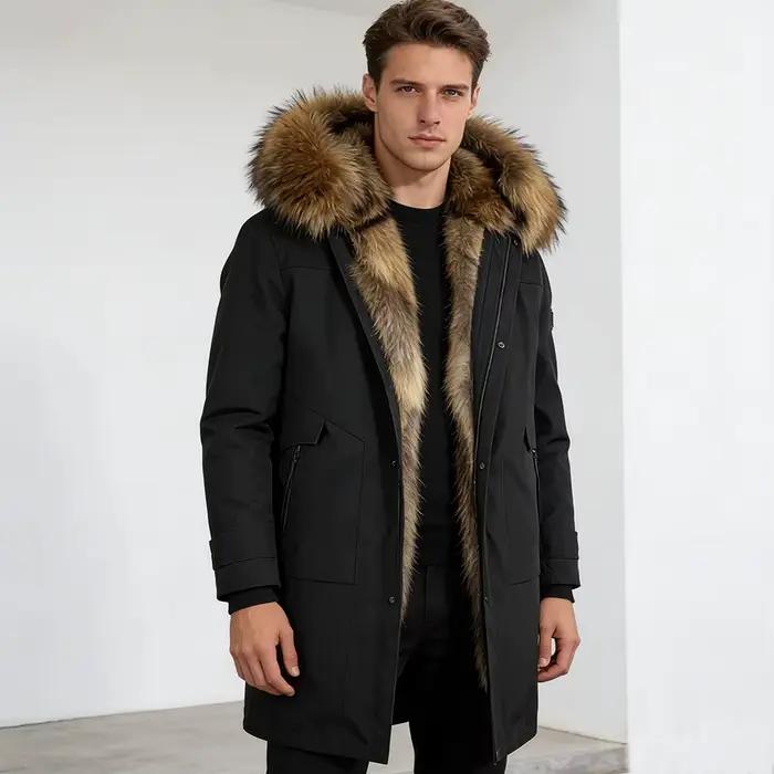 Manteau long en fourrure véritable de raton laveur avec capuche, veste en fourrure de muskrat pleine