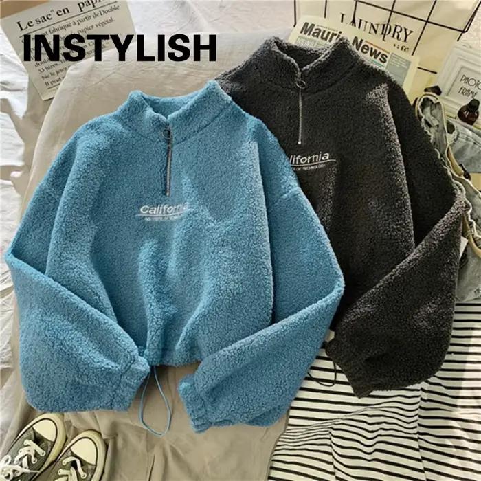 Sweat-shirt à capuche court en polaire pour femmes, col montant, lettres brodées, manches longues, c