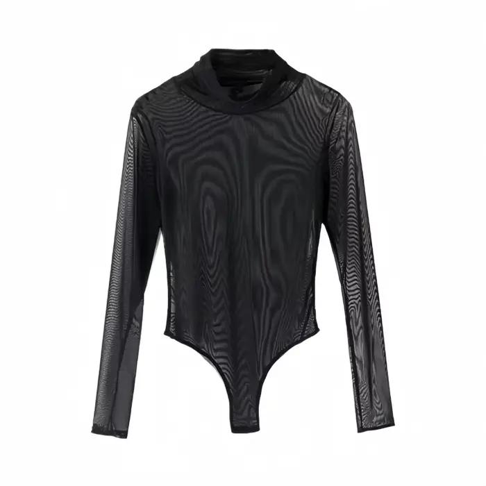 Body moulant noir à manches longues pour femmes