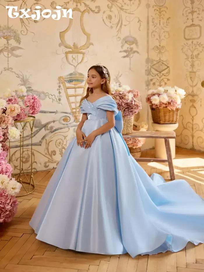Robe longue de princesse en satin bleu clair pour enfants, tenue de fête d'anniversaire, épaules dén