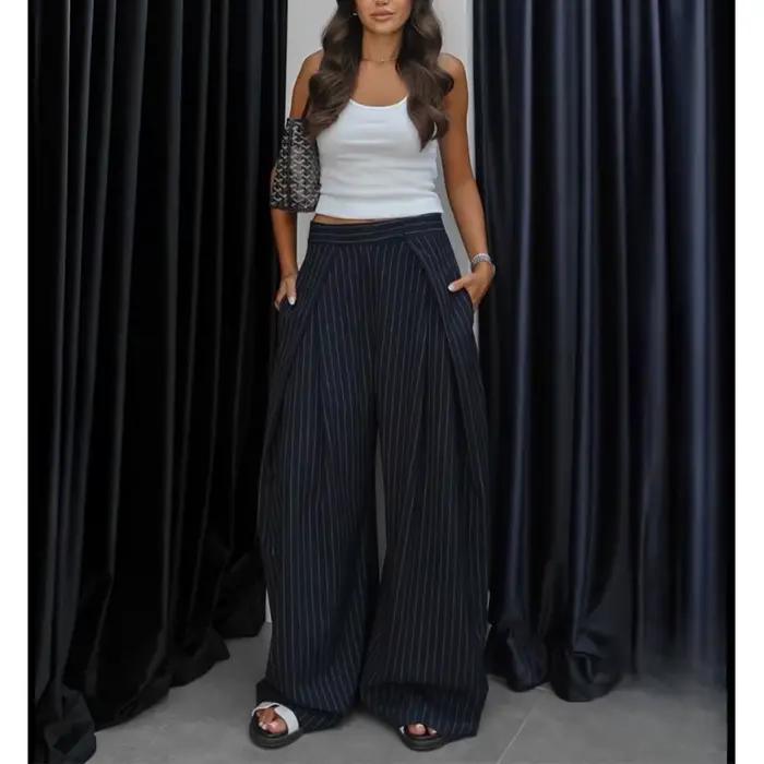 Pantalon Baggy Noir Plissé à Jambes Larges Rayé Décontracté Taille Haute pour Femme Printemps
