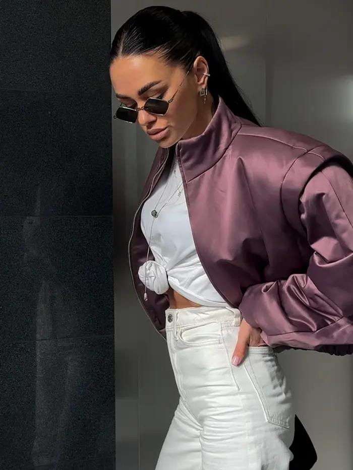 Nouvelle veste bomber en satin SLTNX pour femme, mauve, à manches bouffantes, courte, zippée, décont