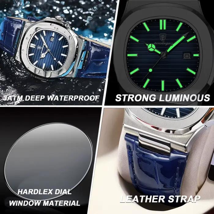 POEDAGAR Top carré homme montre Date étanche lumineux luxe hommes montre-bracelet de haute qualité e
