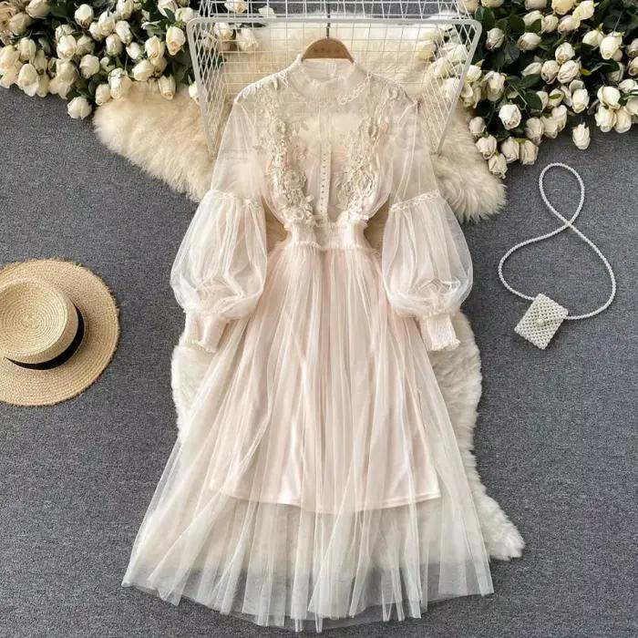 Robe longue en dentelle à fleurs et maille, manches lanternes, blanche, pour femmes, tenue de soirée