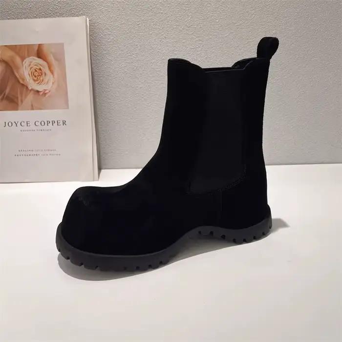 Bottines en daim marron et noir à bout rond large, à enfiler, avec sangle élastique, tendance automn