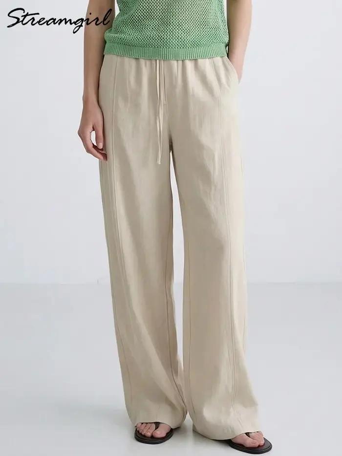 Pantalon d'été en coton pour femmes, coupe large, bleu, avec bande élastique, jambe droite, blanc, a