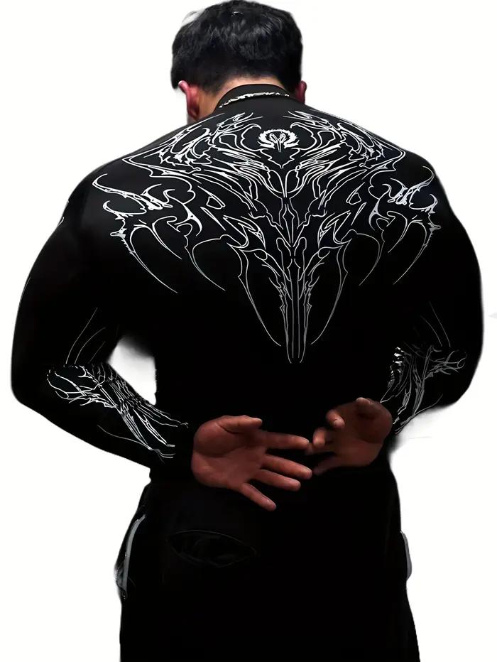 T-shirt de fitness à manches longues pour homme, coupe ajustée, imprimé géométrique, col montant, id