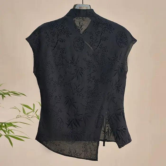 Chemise fine rétro nouveau Style chinois Cheongsam haut noir Jacquard T-shirt à manches courtes été