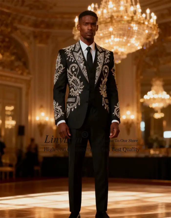 Costume de marié personnalisé avec cristaux scintillants et perles, ensemble 3 pièces, blazer de soi