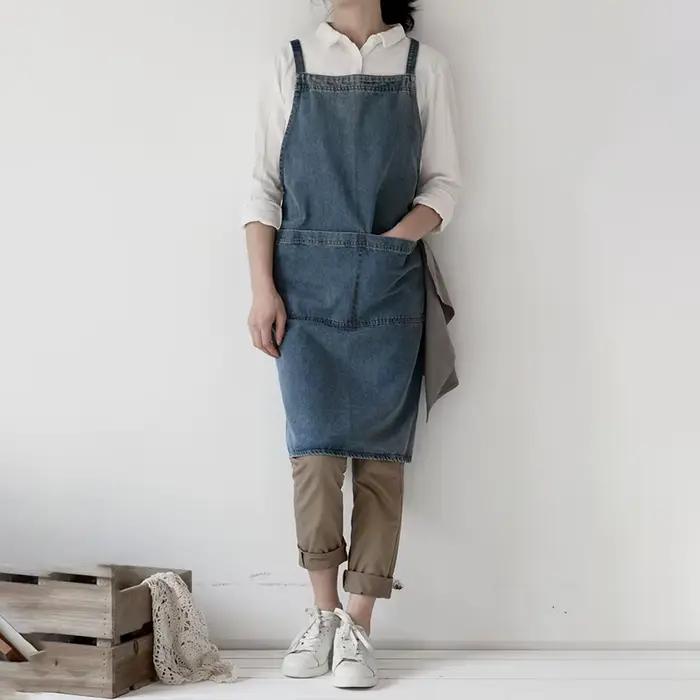 Tablier en Denim coton toile coréenne antisalissure nettoyage à domicile cuisine vêtements de travai