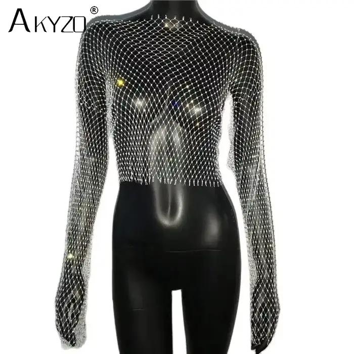 T-shirt en résille transparent pour femmes, Sexy, paillettes, strass, maille creuse, manches longues