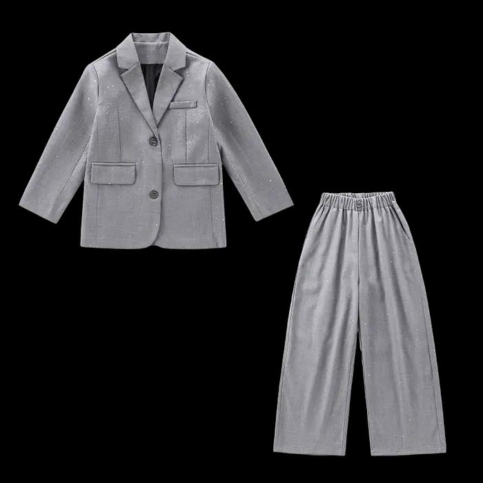 Design adolescente costume brillant ensemble noir gris Blazer + pantalon à jambes larges 2pc junior
