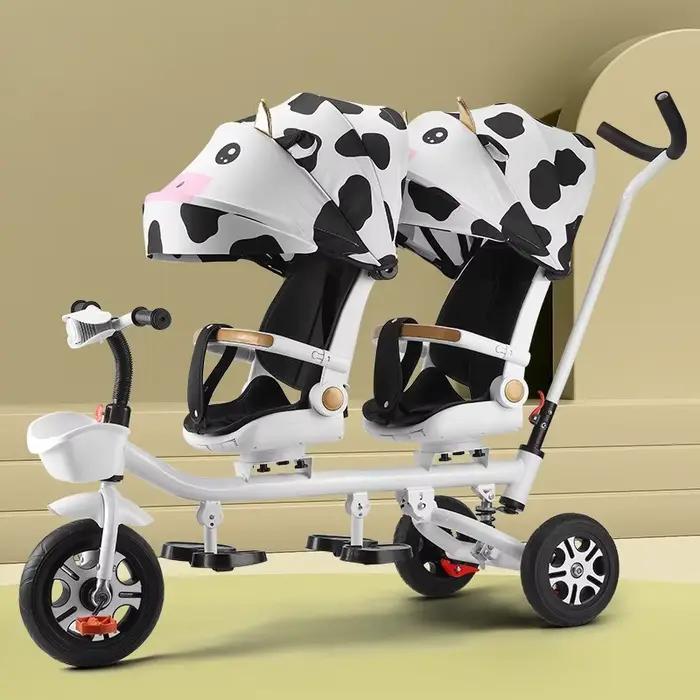 Tricycle pour enfants, poussette double, vélo à double siège avec siège inclinable, double direction