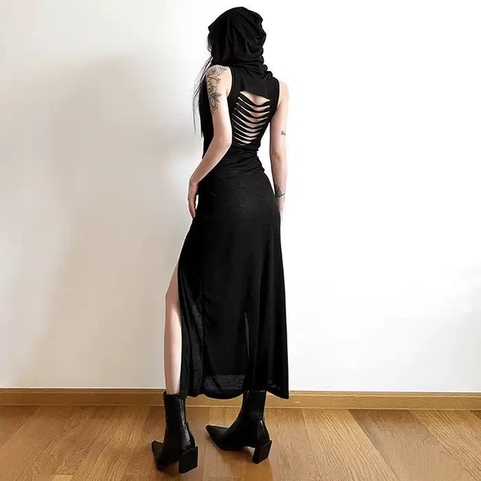 Robe y2k pour femmes, vêtements de couleur unie, sans manches, ajourée dans le dos, fente à capuche,