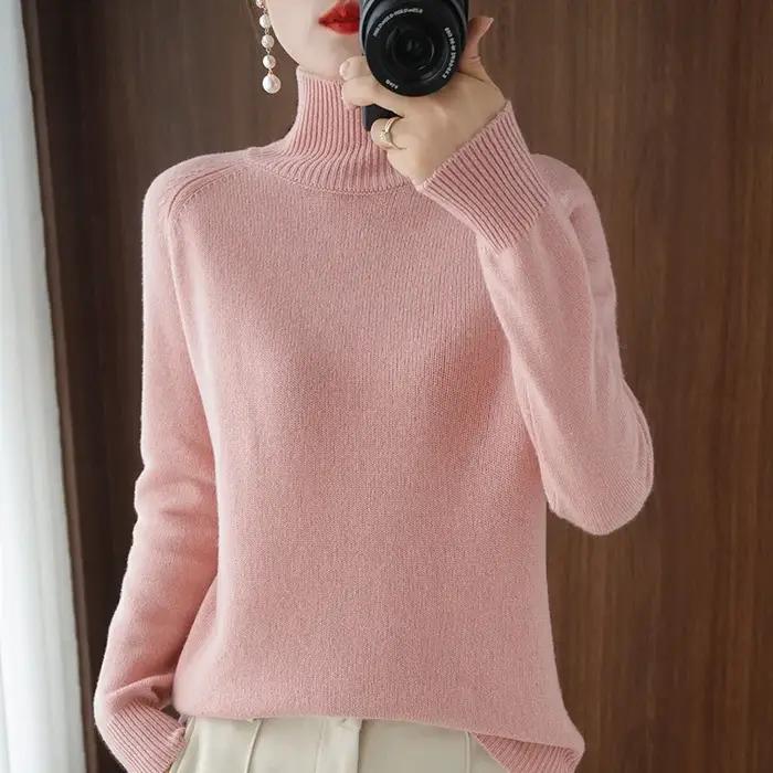 Automne hiver col montant laine mérinos pull basique décontracté pull en cachemire confort femmes ma