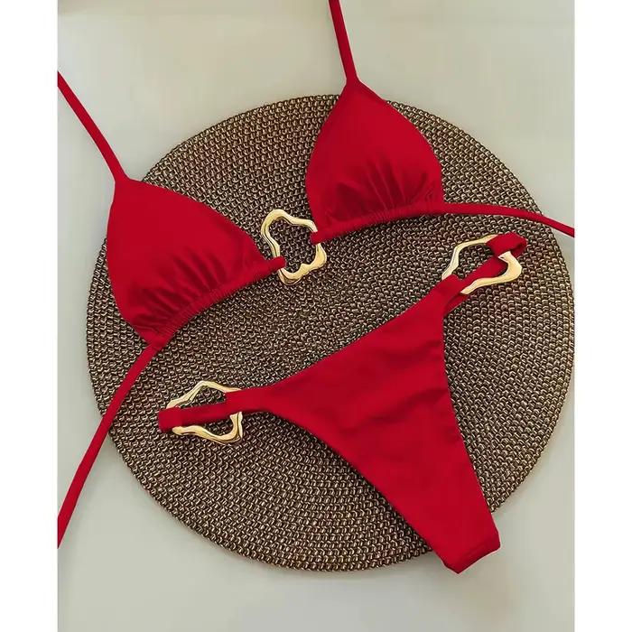 Nouveau Bikini Sexy couleur unie à lacets fendu maillot de bain deux pièces pour les femmes