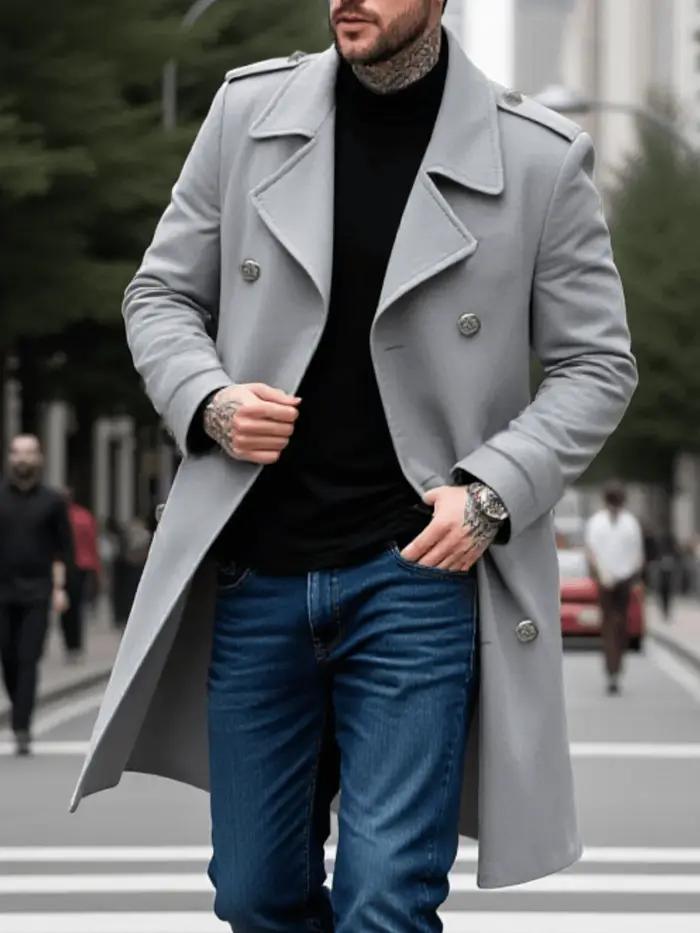 Veste-manteau à feuilles pour hommes début d'automne Plus laine épaisse, Double boutonnage décontrac