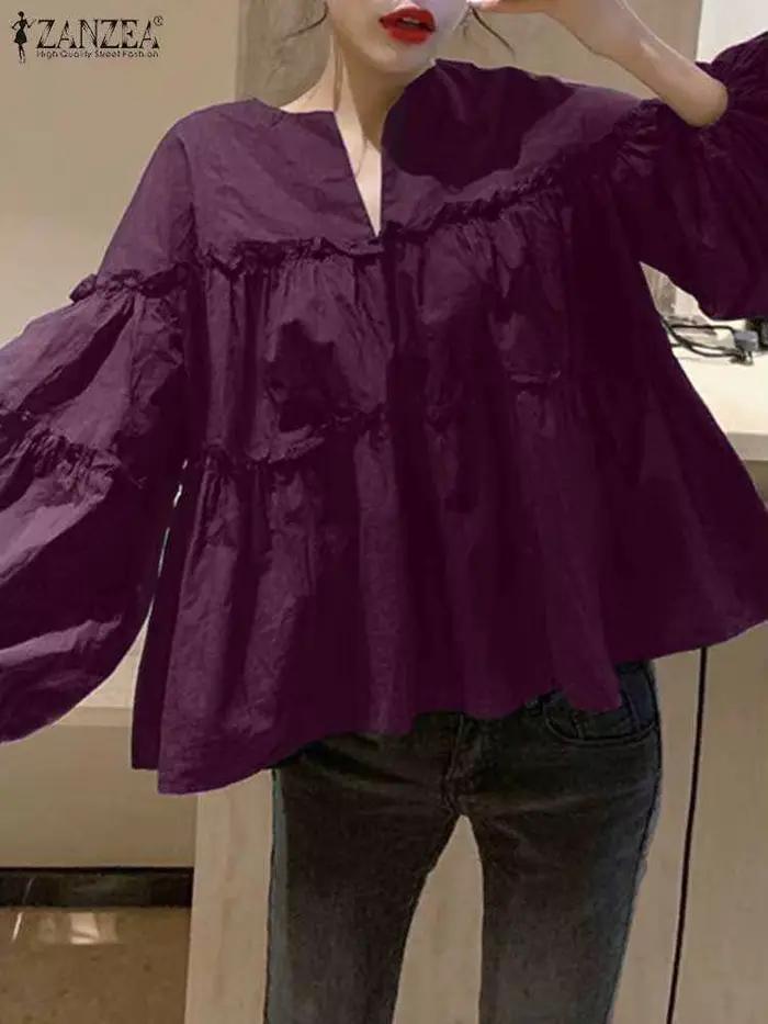 ZANZEA mode femmes à manches longues bouffantes Blouse automne printemps Eelgant chemise volants Blu
