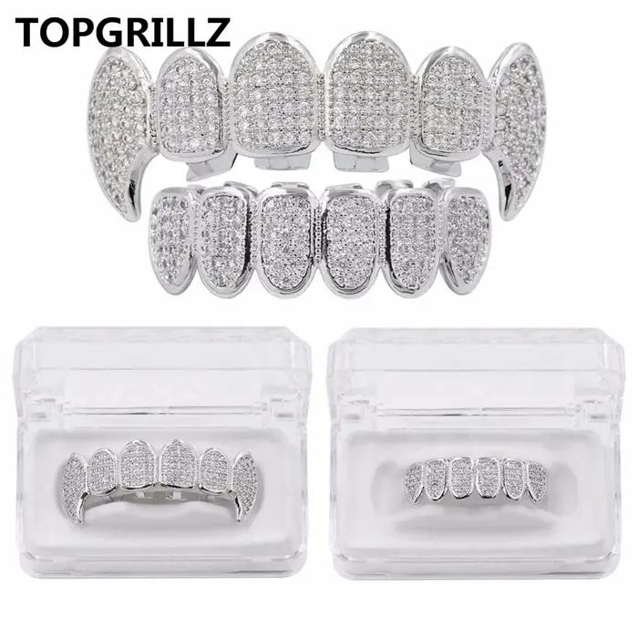 TOPGRILLZ – ensemble de grilles en Rhodium, plaqué argent, CZ, Micro pavé, haut et bas, dents de Vam