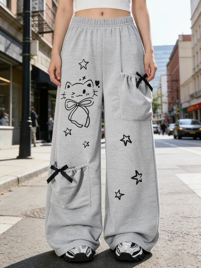 Pantalons décontractés à la mode pour filles, pantalons amples à jambes droites avec un design de po
