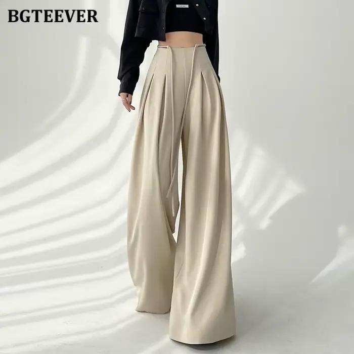 BGTEEVER élégant à lacets taille haute longueur au sol costume pantalon femmes printemps été poches