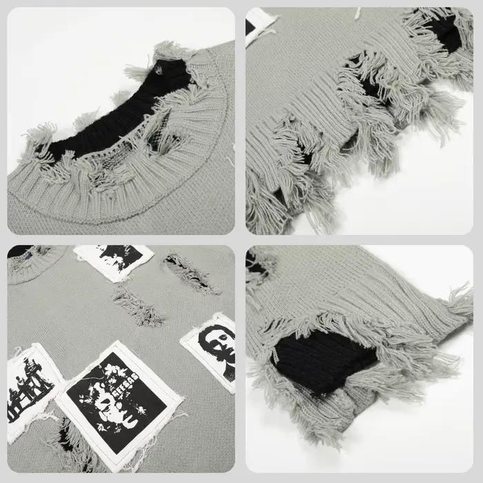 Pull col rond déchiré style rétro américain avec patch portrait, coupe ample, manches longues, décon