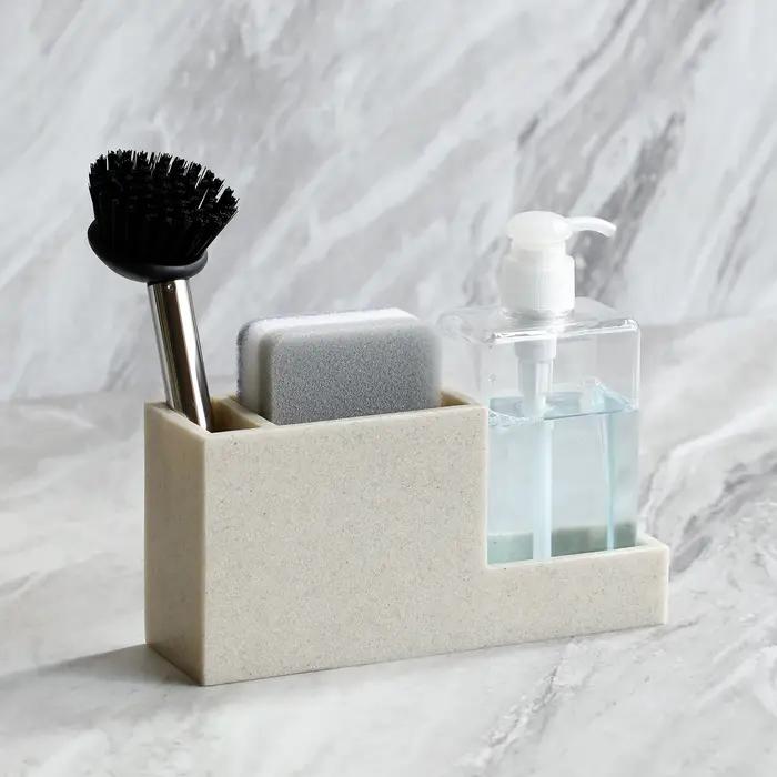 Porte-éponge et rangement d'accessoires de cuisine organisateur d'éponge avec porte-brosse et distributeur de savon pour une évier propre et ordonné