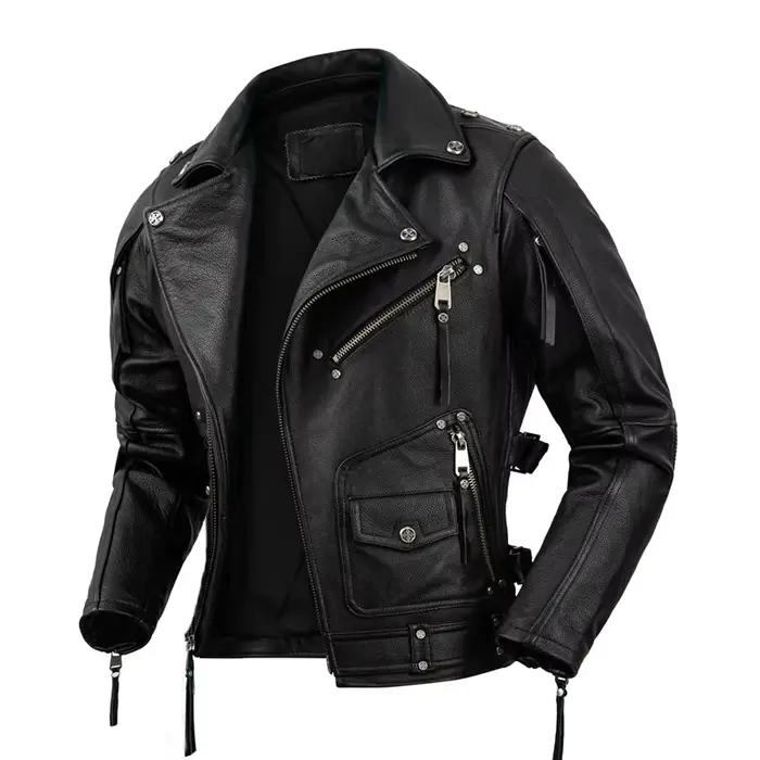 Veste de motard en cuir naturel pour homme, couche supérieure, cuir de vachette, rétro, pierre tremp