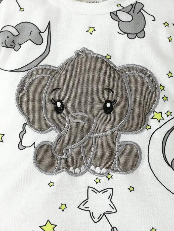Barboteuse à manches longues avec chapeau, 2 pièces, motif d'éléphant de dessin animé mignon pour bé
