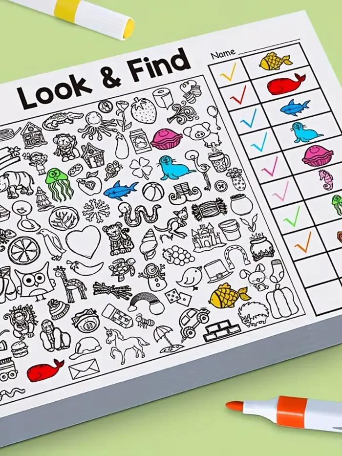 Livre interactif d'objets et de coloriage cachés pour-éducation avec des activités de recherche, d'a