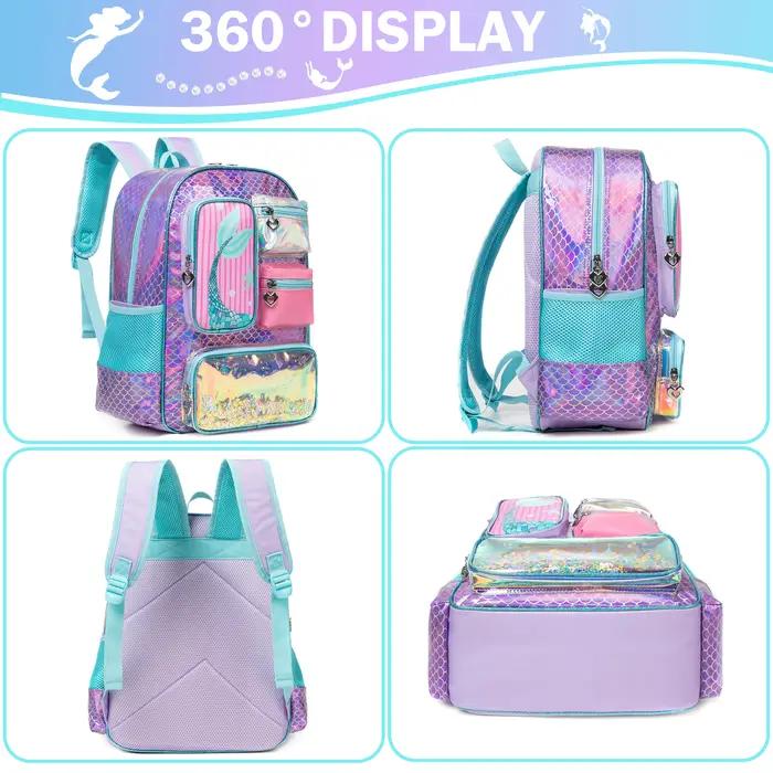 Meetbelify-Sac à dos sirène pour filles, cartable pour filles, sac à lunch et sac à main pour élèves