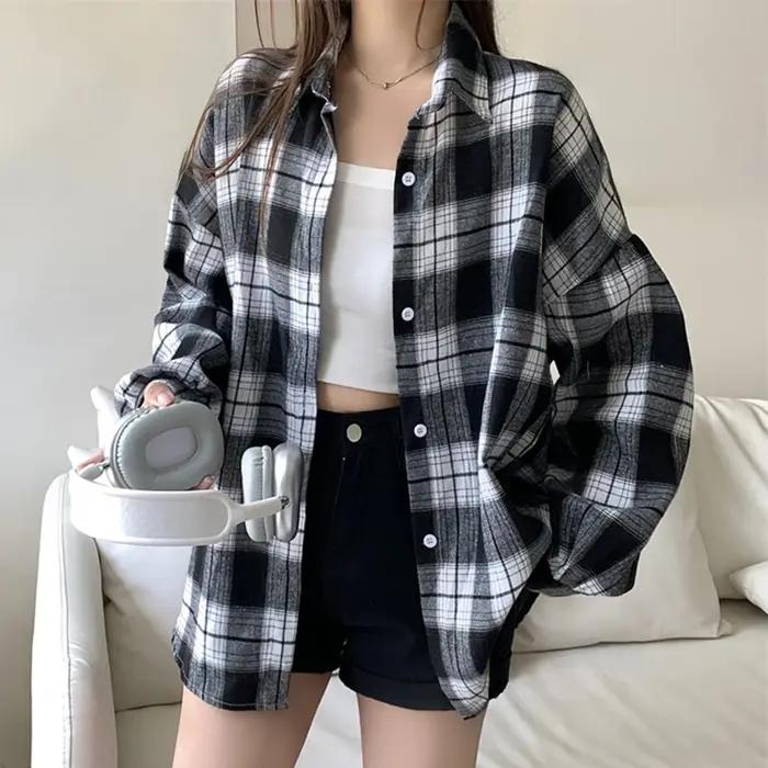 Chemise en flanelle noire pour femmes, manches longues, col boutonné, chemise à carreaux Tartan, ves
