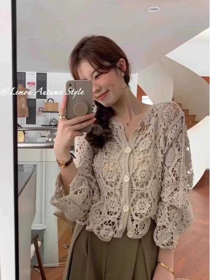 Manches longues Crochet haut en tricot plage Bikini couvrir boutonné Cardigan Blouse femmes blusas p