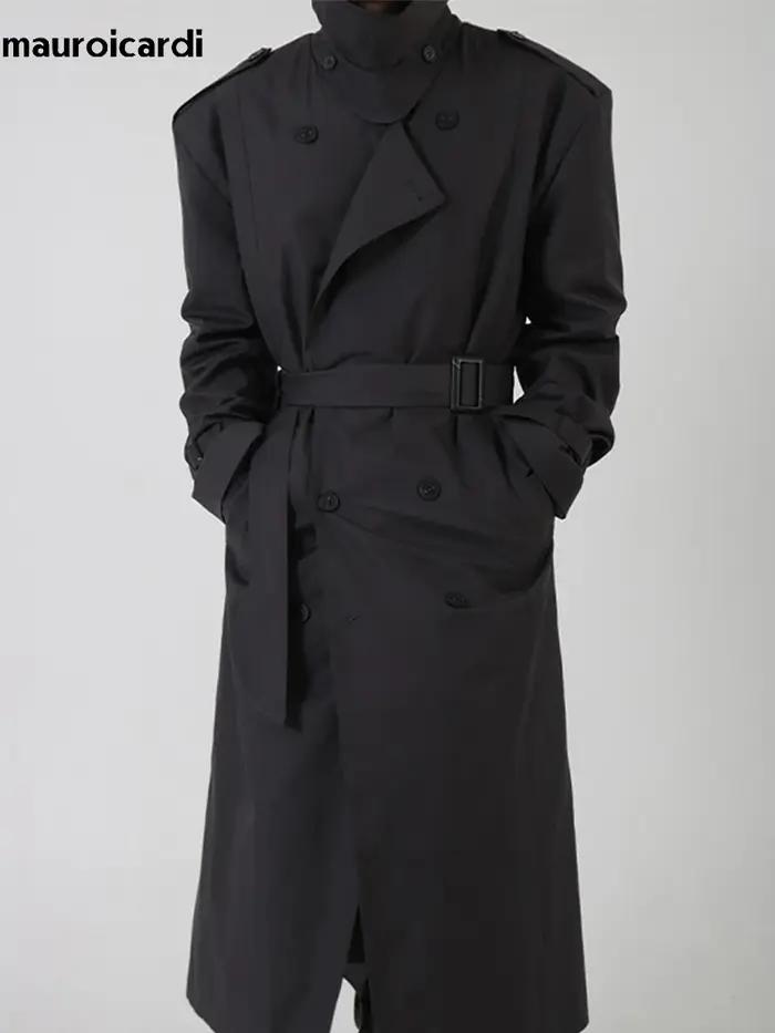 Mauroicardi-Manteau long noir pour homme, ceinture double boutonnage, décontracté, coupe-vent, print