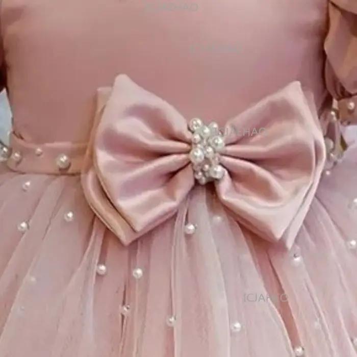 Robe de princesse rose à manches bouffantes 2026 pour fête d'anniversaire, faite à la main avec nœud