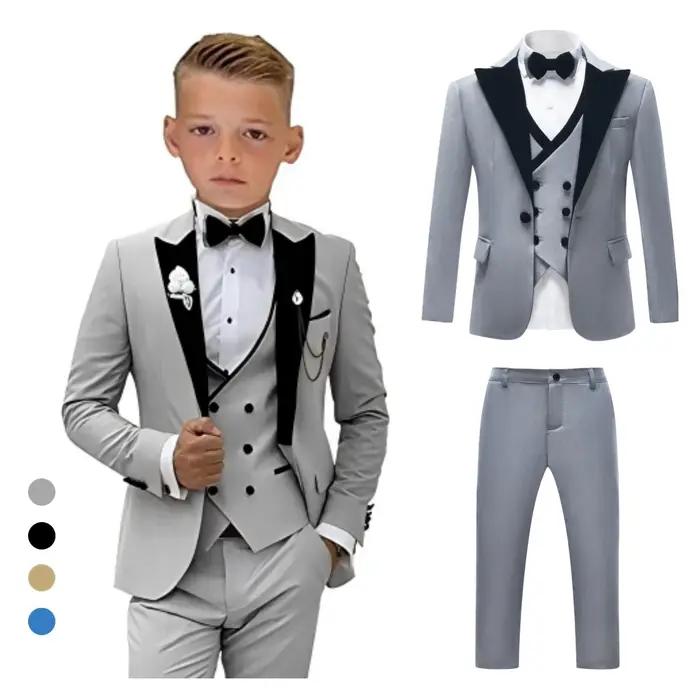 Ensemble de costume formel pour garçons, avec col en velours, Blazer à un bouton, gilet, pantalon, n
