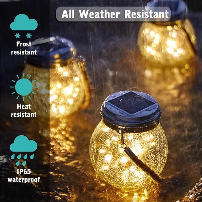 Lampe solaire en pot de verre fissuré, étanche IP65, 30led, blanc chaud et coloré, guirlande lumineu